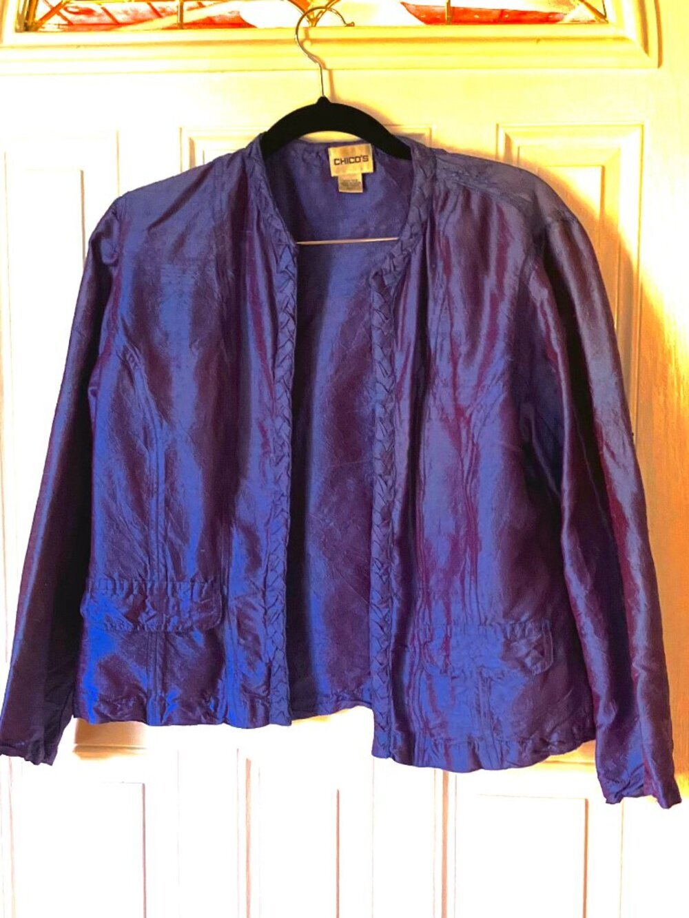 Chico's Silk Braided Style Trim Open Front Blazer Jacket